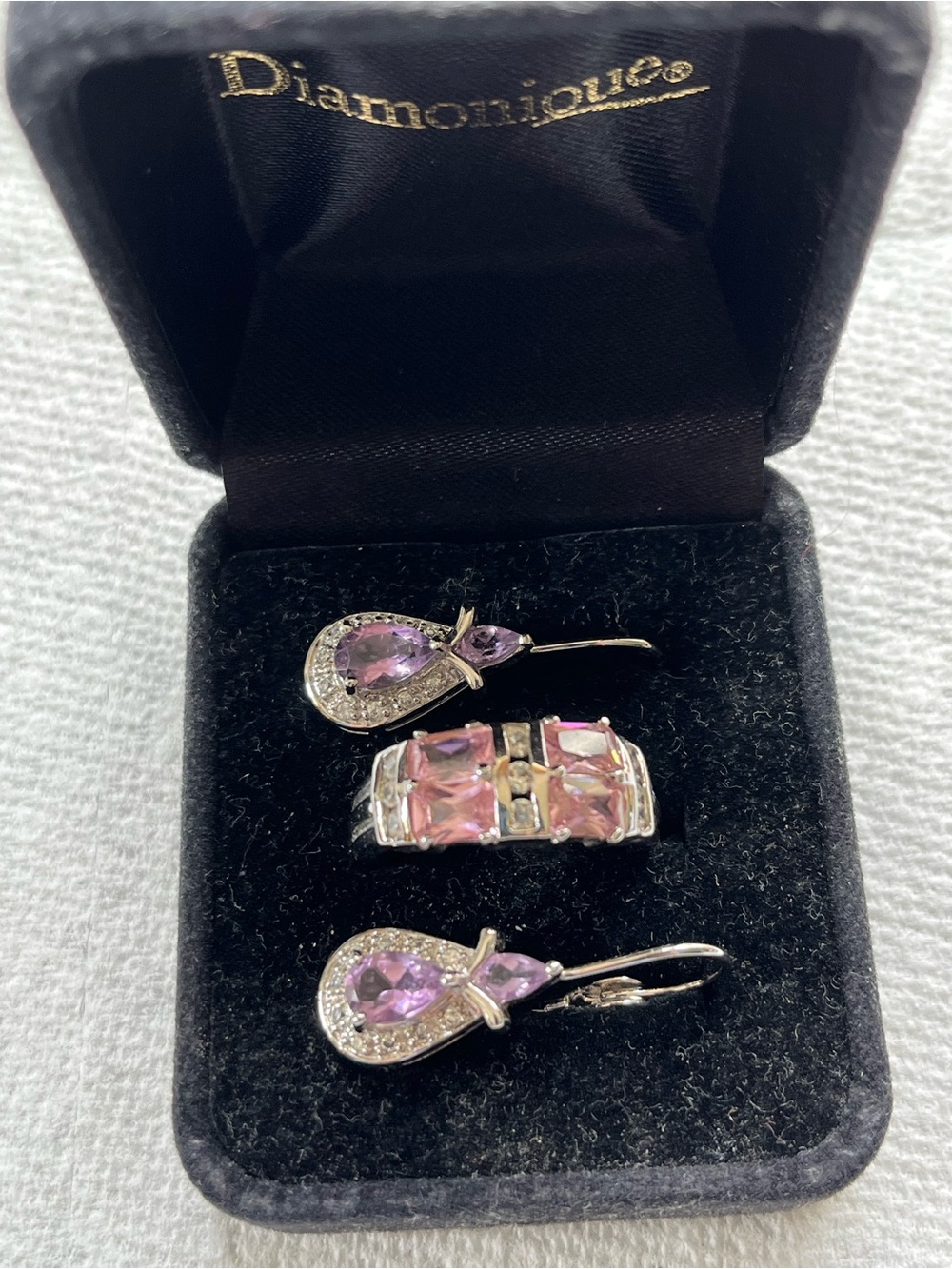 Diamonique Silver-Tone Pink Teardrop Earrings with Pink Stone Ring